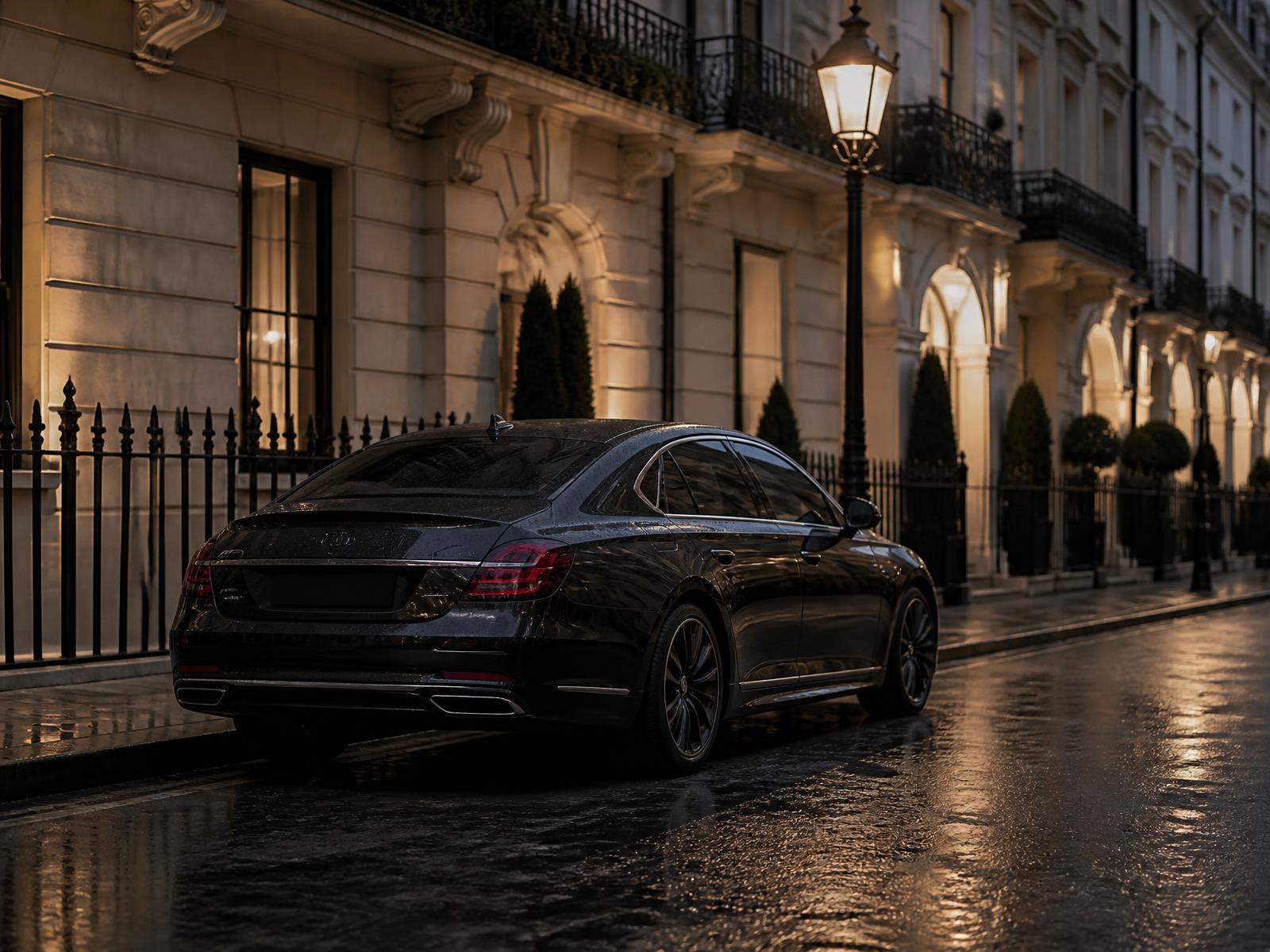 Prestige saloon on a Georgian street in central London at dusk